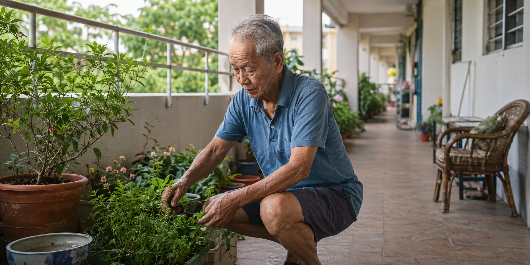 一位长者在新加坡组屋走廊照料花草