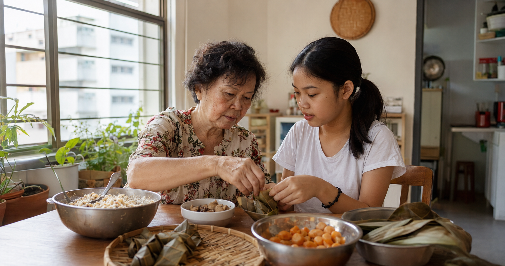 祖孙两代在家中一起准备食物